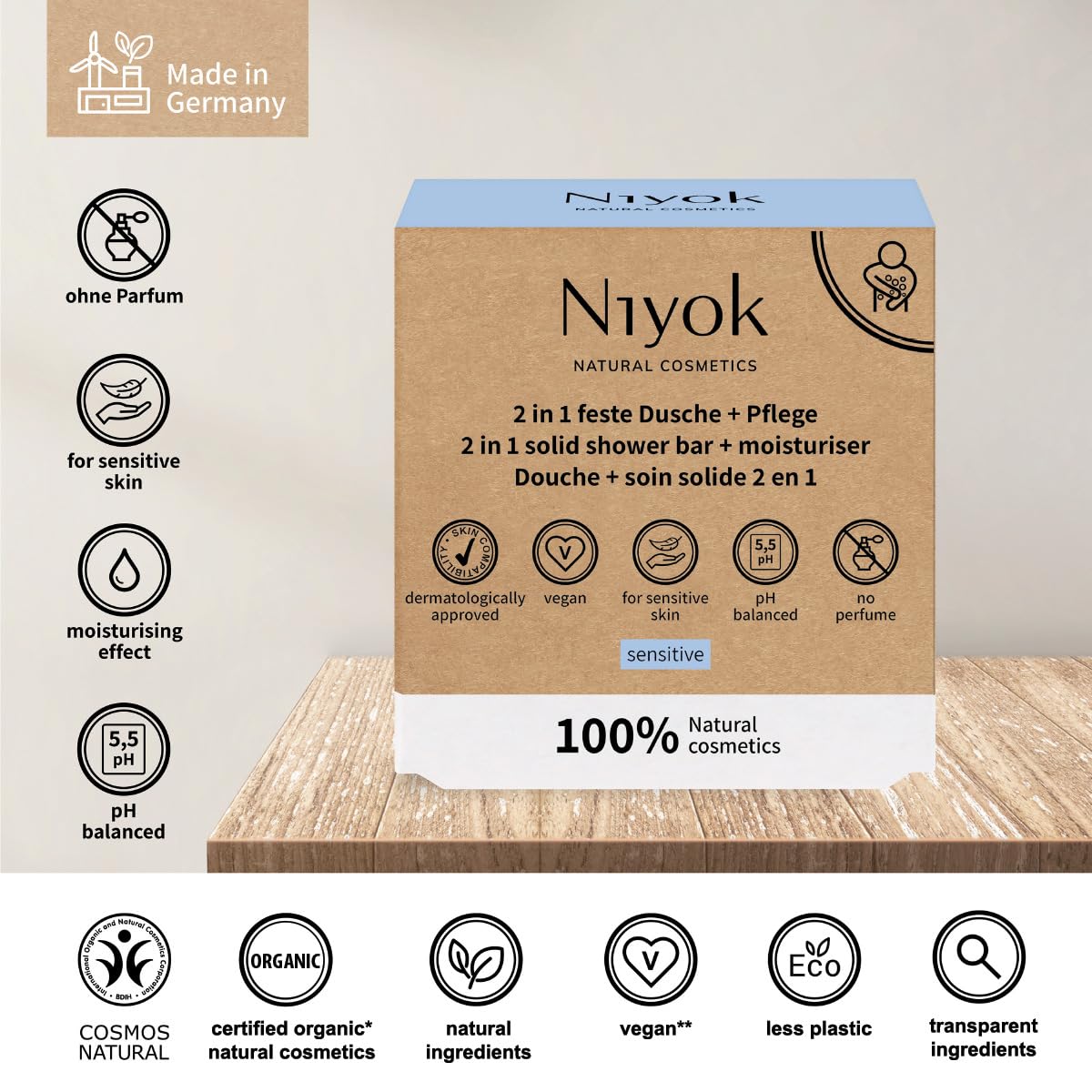 Niyok Natural Cosmetics 2-in-1 Solid Shower Bar + Moisturizer, Sensitive Formula, 80g